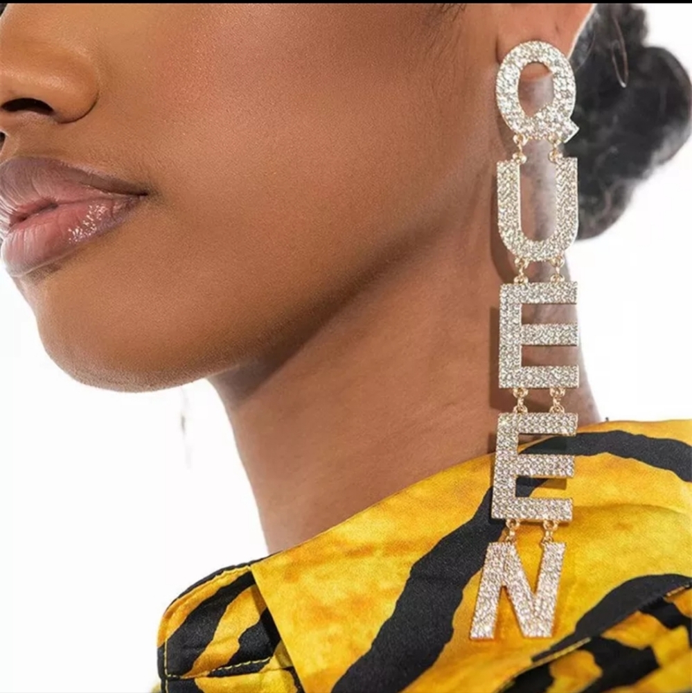 EMAYSPORIUM Queen Rhinestone Long Letter Earrings-(Gold)